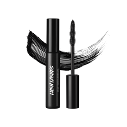 A tube and wand of Lush Lashes mascara, both made of black Lush plastic, are positioned in front of a swatch of black mascara.