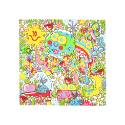 Lush Living Knot Wrap, a trippy illustration covers the wrap, full of primary colours, worms, frogs and other beings with eyes.