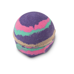 Luxe. A round, deep purple bath bomb, wrapped with pink, aquamarine, and, most importantly, gold, swirls.