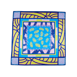 Metamorphosis. A Vibrant knot wrap with an abstract, yellow border with lots of bold design with pink and blue shapes.