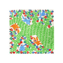 Monkey and Persimmon Tree Knot Wrap, blue and orange cartoon monkeys scale a green tree with blue and red leaves.