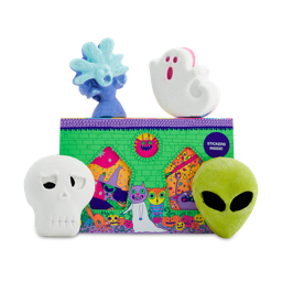Monster Party gift. A bright box with 4 products. Screaming Banshee and Ghostie bath bombs, and Bonehead and Alien bubble bars.