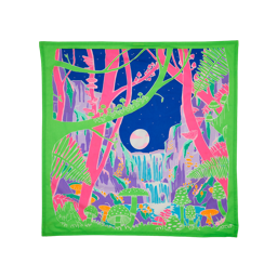 Mushroom Land. A square knot wrap depicting an abstract nighttime scene of a starry sky above a colourful forest with a waterfall and bright mood surrounded by mushrooms. 