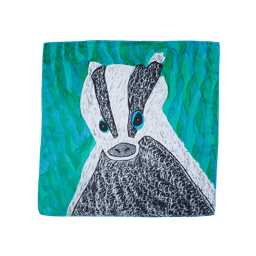 My Name Is Digger. A blue and green square knot wrap with a drawn image of a badger in the centre. 