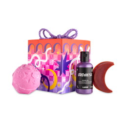 New Moon. A bright, pink and sparking gift box tied with purple rope. There are three Eid-themed products surrounding the box. 