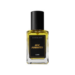 New Romantics. A classic, glass perfume bottle with a yellowish liquid inside, A black label reads "New Romantics". 