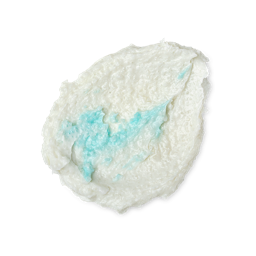 A swatch of original formula Ocean Salt; a cream and light blue swirled, salt-filled scrub.