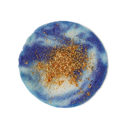 The Old Songs Are Waking. A circular Swatch of white and blue textured body scrub topped with golden glitter. 