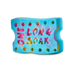 One Long Soak. A bright blue bath bomb shaped like a classic ticket stub. The words One Long Soak are embossed on top.