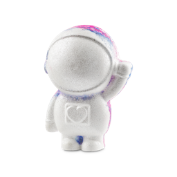 Out Of This World. A bath bomb shaped like a waving astronaut in a full space suit. Pink and blue just show through a silver shimmer. 