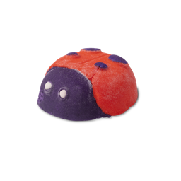 Ladybird. A red bubble bar in the shape of a cute ladybird with a purple face, white eyes and purple spots on its closed wings.