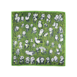 Panda Party Knot Wrap, dozens of hand drawn black and white pandas are dotted among green bamboo shoots.