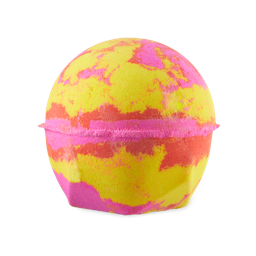 Passion. A classic LUSH-shaped bath bomb coloured almost like a Fruit Salad sweetie in bursts of vivid yellow against hot pink and pops of red.