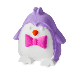 Penguin. This playful, character bath bomb shows a purple-suited penguin with a white belly and pink bow tie. 