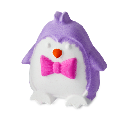 Penguin. A fun bath bomb in the shape of a short, round penguin with a purple coat, small orange beak and bright pink bow tie.