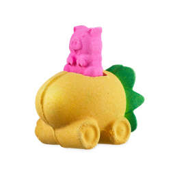 Pig In A Poke. An extravagant bath bomb consisting of a bright yellow,  pineapple-shaped car, complete with wheels and a removable, pink piggy bath bomb.