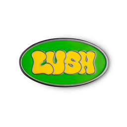 Retro Bubble Lush. An oval-shaped, metal pin page with a green background and yellow, retro LUSH font.