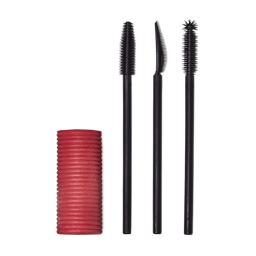 A Solid cylindrical block of pink mascara next to three different style mascara spoolie brushes.