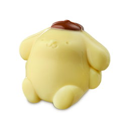 Pompompurin. A glossy, pale yellow shower jelly shaped like the character Pompompurin. The rounded, dog-like figure has a small brown beret on its head and is shown from a slight angle.