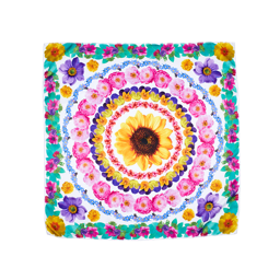 Pretty As a Picture. This knot wrap displays a central sunflower surrounded by concentric circles of bright blooming flowers.