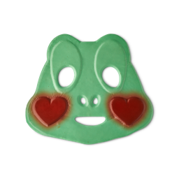 Prince Charming. A face mask shaped like a frog with bright red rosy heart cheeks. There are holes for eyes, nose and mouth.