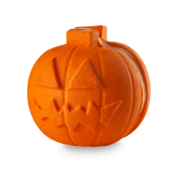 Pumpkin crumble. A Pumpkin-shaped, orange bubble bar embossed with a jack-o-lantern face and soothing butter sandwiched between.