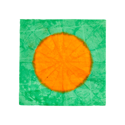 Pumpkin Lokta Wrap. A square Lokta Wrap with a bright, tie-dye-style, orange circle at the centre surrounded by green.