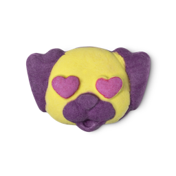 Puppy Love Bubble Bar. A cute cartoon puppy with purple ears and snout, a yellow face and red heart eyes.