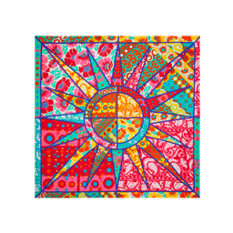 Quilted Sun. A Square knot wrap with a deep red, floral theme is designed like a mosaic sun shape. 