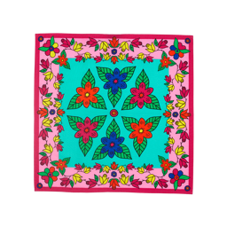 Rangoli. A square knot wrap with a pink, floral border, bright blue centre and six blooming flowers in the middle.