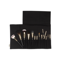 Roll With It Brush Set. A set of 13 handmade vegan make up brushes, wrapped up in a black, organic cotton storage wrap.