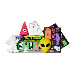 Roller Ghoster gift, Ghosts scatter in windows as ghouls line up for a ride on a green background on a rectangular gift.