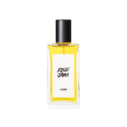 A glass perfume bottle filled with canary yellow liquid. A white label reads 'Rose Jam'.