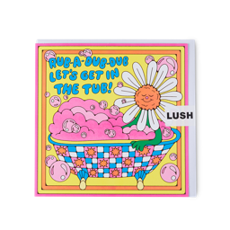 Rub-A-Dub-Dub Let Get In The Tub! This card shows a smiling, cartoon daisy flower in a colourful bath of pink bubbles. 