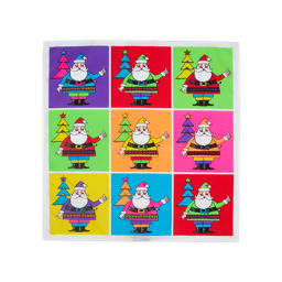 Santa's On His Way. A square knot wrap sectioned into 9 coloured squares with alternating coloured Santas on each. 