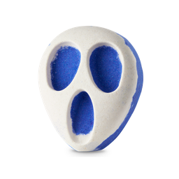 Screamo bath bomb. A white-based bath bomb shaped as the iconic horror “Scream” mask with sparkly purple eyes and mouth.