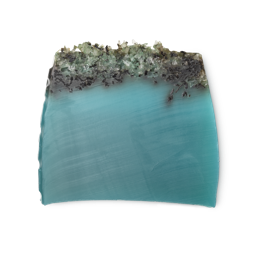 Sea Vegetable. A turquoise, trapezium shaped soap, topped with black arame seaweed and coarse sea salt.