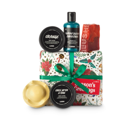 Season's Greetings. A festive, wrapped gift box with five pampering products around the edge. 