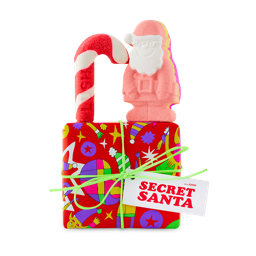 Secret Santa. A bright red, Christmas-themed gift box with the Candy Cane bubble bar and Magical Santa bath bomb on top. 
