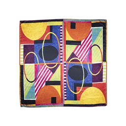 Shape and Colour, a large square Knot Wrap with abstract designs of ovals, rectangles and stripes. 