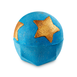 Shoot for The Stars. A vibrant blue LUSH bath bomb with large golden, shimmery stars around the edge. 