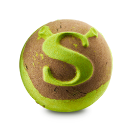 Shrek Swamp. A round bath bomb with a lime green base and brow top. In the brown top is embossed the Shrek "S" complete with ogre ears. 