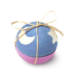 The Sleeping Giant. Two bath bomb halves tied together. Top shell is blue with inlaid white moon and star. Base shell is pink.