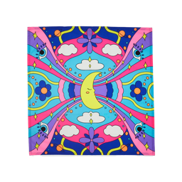 Sleepy Moon. A symmetrical, retro-style pattern knot wrap featuring a moon, eyes, clouds and swirls of pink and purple. 