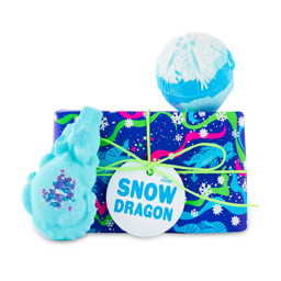 Snow Dragon. A blue, wrapped gift box with the Snowdrift and Snow Dragon bath bombs sat around. 