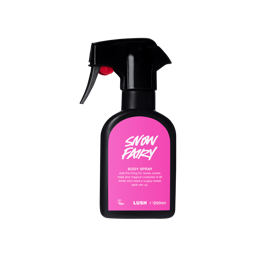 Snow Fairy. The classic black, recycled plastic, LUSH body spray bottle. A bright pink label reads "Snow Fairy" in white. 