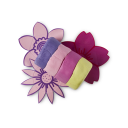 Snow Fairy. This Fun, mouldable product is made up of 4 coloured, dough-style chunks sat on pretty, pink paper flowers. The product is made up of purple, pastel pink, deep pink and yellow. 