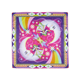 Snow Fairy. A mystical, pink square knot wrap depicting two facing moons, fairies and shooting stars.
