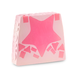 Snow Fairy. A trapezium-shaped, light pink soap. There is one large dark pink star through the middle with scattered patches.