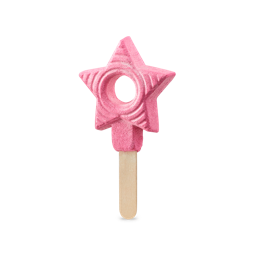 Snow Fairy Want. A shimmering, pink, star-shaped bubble bar with a hole in the middle sits on a wooden stick. 